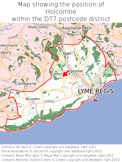 Map showing location of Holcombe within DT7
