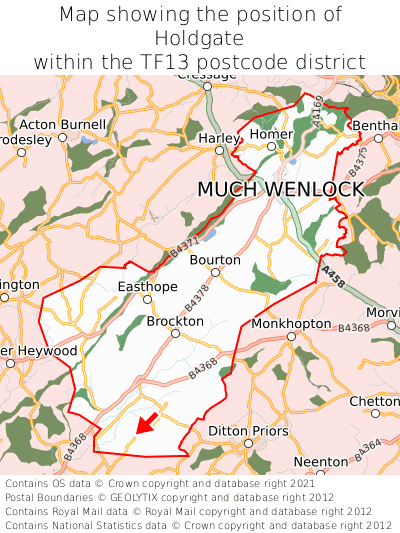 Map showing location of Holdgate within TF13