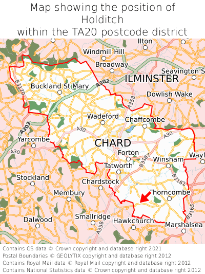 Map showing location of Holditch within TA20