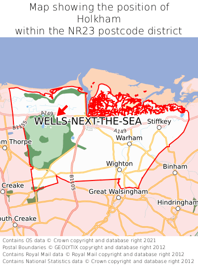 Map showing location of Holkham within NR23