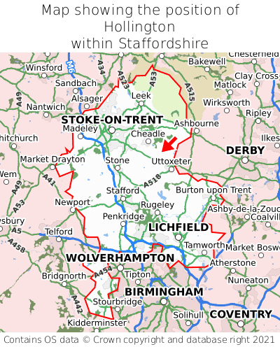 Map showing location of Hollington within Staffordshire