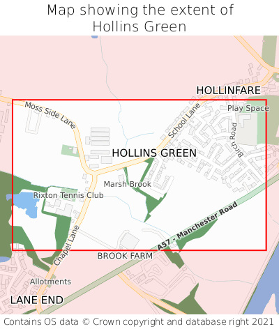 Map showing extent of Hollins Green as bounding box