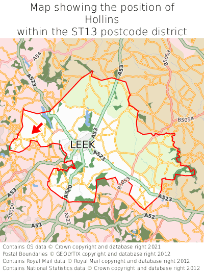 Map showing location of Hollins within ST13