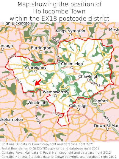 Map showing location of Hollocombe Town within EX18