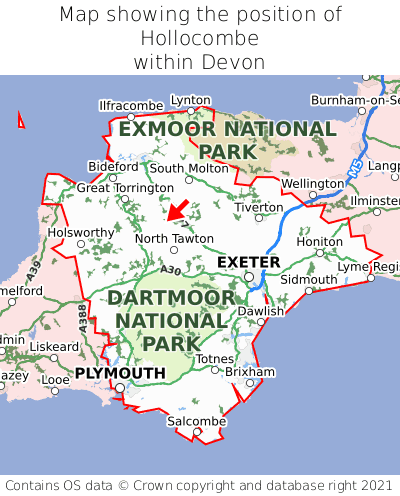 Map showing location of Hollocombe within Devon