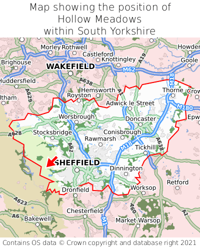 Map showing location of Hollow Meadows within South Yorkshire
