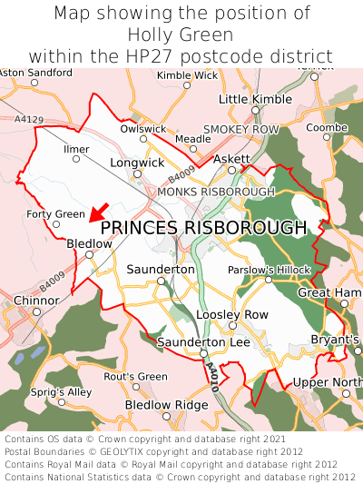 Map showing location of Holly Green within HP27