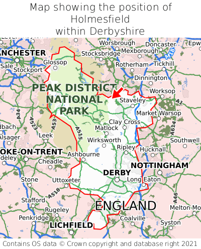 Map showing location of Holmesfield within Derbyshire
