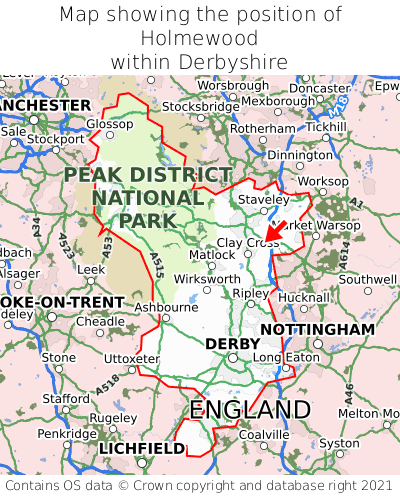 Map showing location of Holmewood within Derbyshire