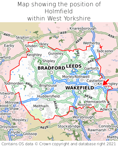Map showing location of Holmfield within West Yorkshire