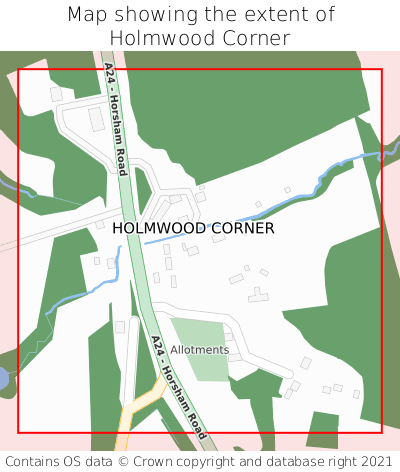 Map showing extent of Holmwood Corner as bounding box