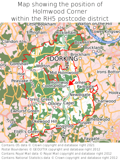 Map showing location of Holmwood Corner within RH5