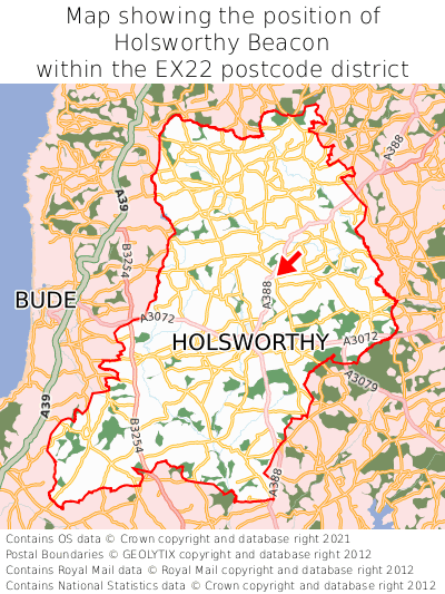 Map showing location of Holsworthy Beacon within EX22