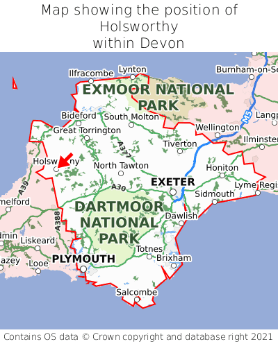 Map showing location of Holsworthy within Devon