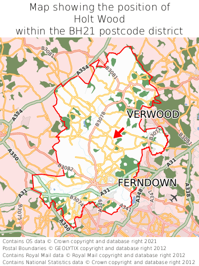 Map showing location of Holt Wood within BH21