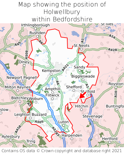 Map showing location of Holwellbury within Bedfordshire