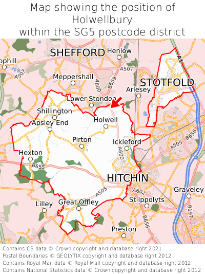 Map showing location of Holwellbury within SG5