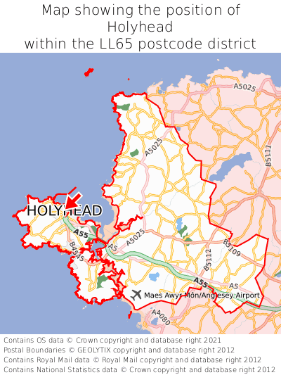 Map showing location of Holyhead within LL65