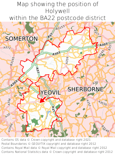 Map showing location of Holywell within BA22