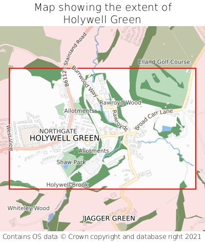 Map showing extent of Holywell Green as bounding box