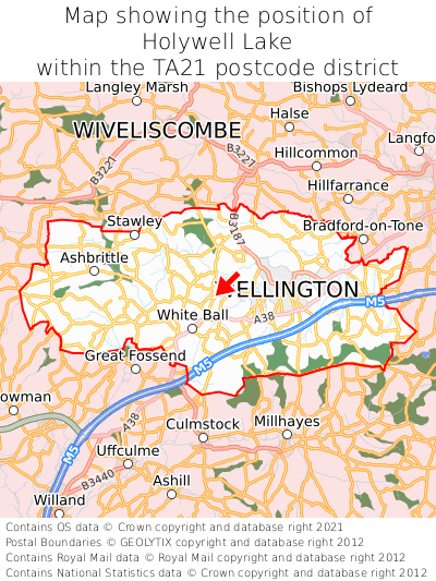 Map showing location of Holywell Lake within TA21