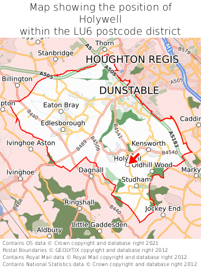 Map showing location of Holywell within LU6
