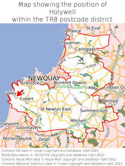 Map showing location of Holywell within TR8