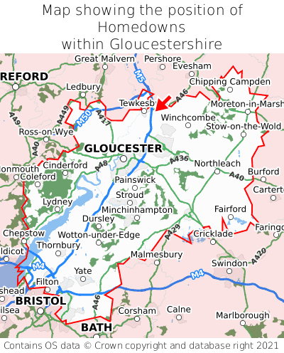 Map showing location of Homedowns within Gloucestershire