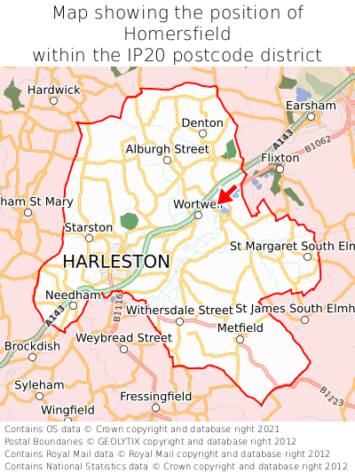 Map showing location of Homersfield within IP20