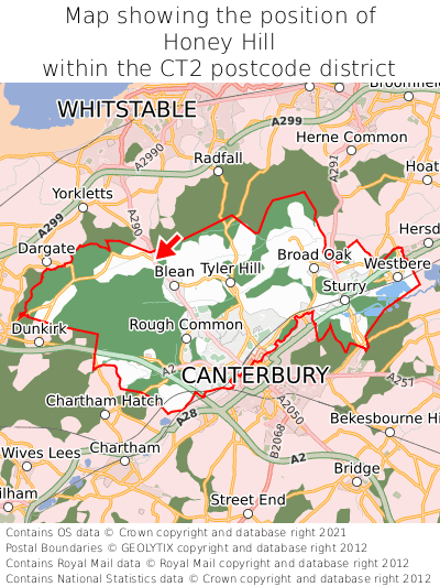 Map showing location of Honey Hill within CT2