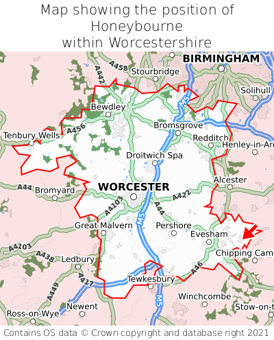 Map showing location of Honeybourne within Worcestershire