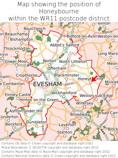 Map showing location of Honeybourne within WR11