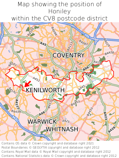 Map showing location of Honiley within CV8