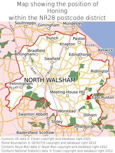 Map showing location of Honing within NR28