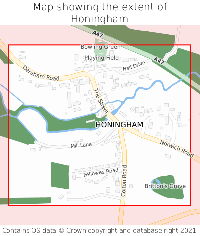 Map showing extent of Honingham as bounding box