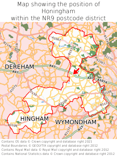 Map showing location of Honingham within NR9
