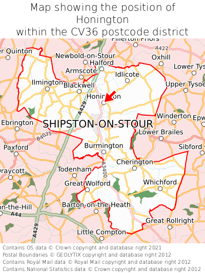 Map showing location of Honington within CV36