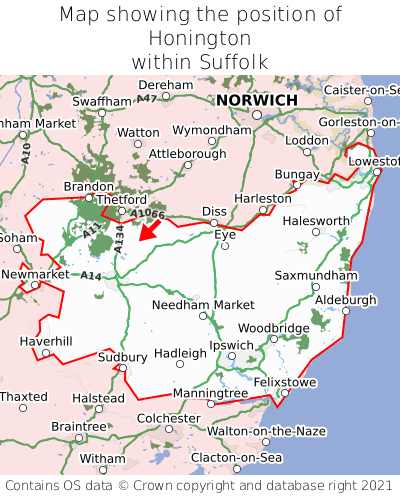 Map showing location of Honington within Suffolk