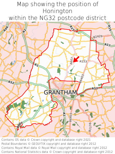 Map showing location of Honington within NG32