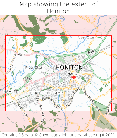 Map showing extent of Honiton as bounding box