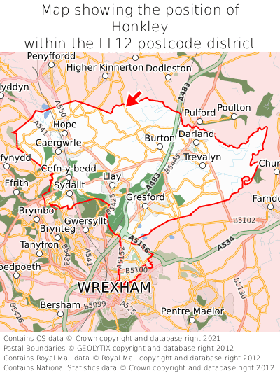 Map showing location of Honkley within LL12