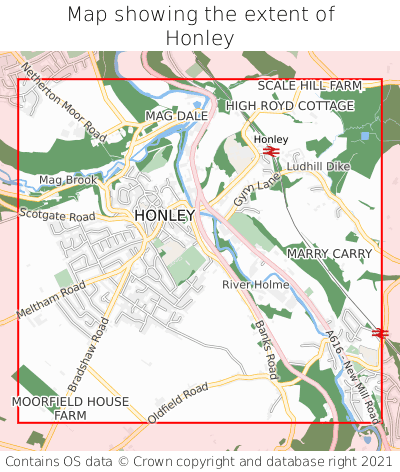 Map showing extent of Honley as bounding box