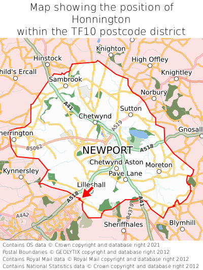 Map showing location of Honnington within TF10