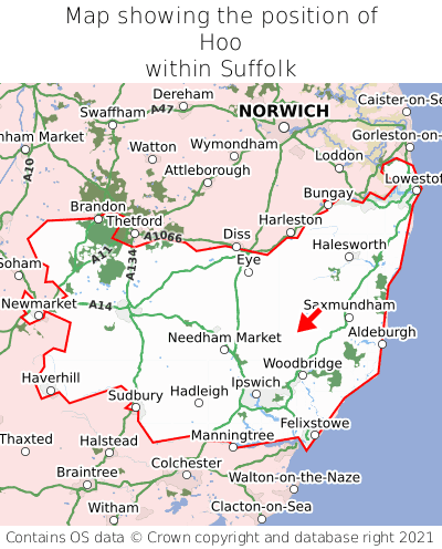 Map showing location of Hoo within Suffolk