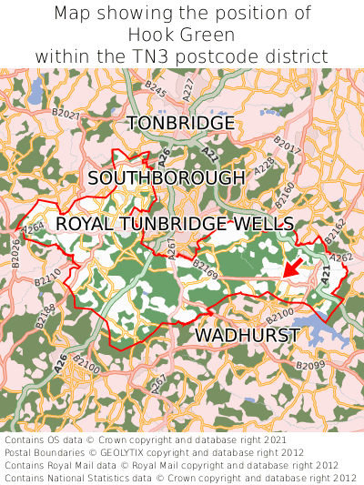 Map showing location of Hook Green within TN3