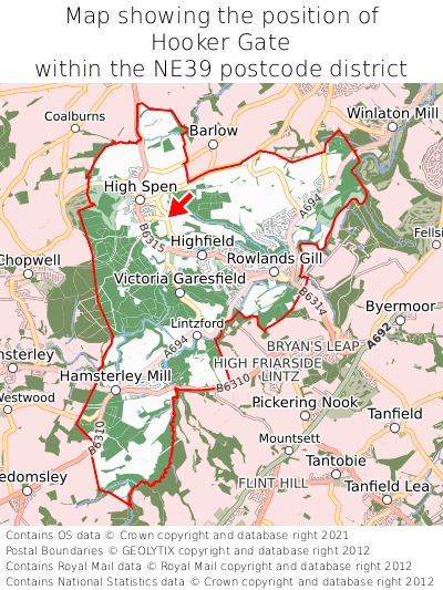 Map showing location of Hooker Gate within NE39