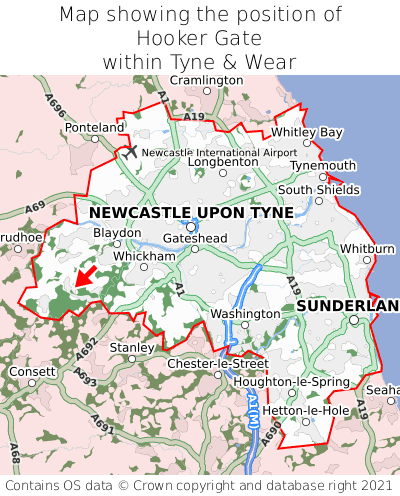 Map showing location of Hooker Gate within Tyne & Wear
