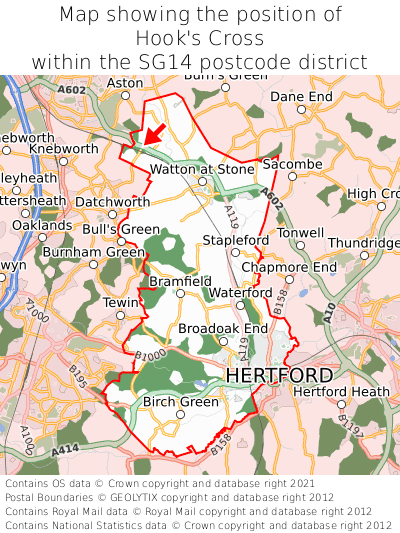 Map showing location of Hook's Cross within SG14