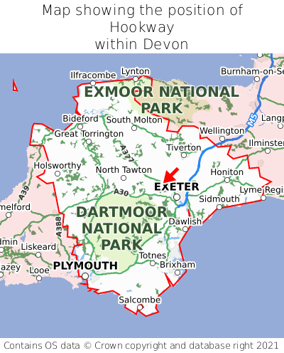 Map showing location of Hookway within Devon