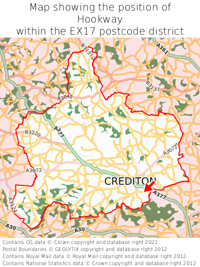 Map showing location of Hookway within EX17